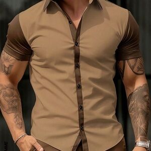Manfinity Homme Men'S Contrast Color Short Sleeve Shirt Brown and Tan Size M